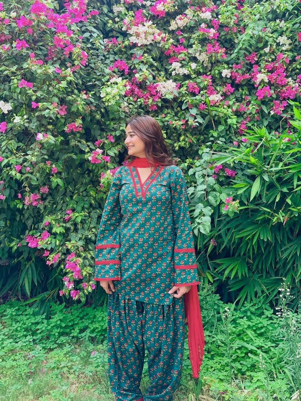 Teal Green Digital Floral Print Farshi Suit model side angle – Kalyanja KU303